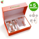 Relógio de Luxo Feminino + 5 BRINDES: 1 Par de Brincos, Colar, Anel e Pulseira Loja Bemore